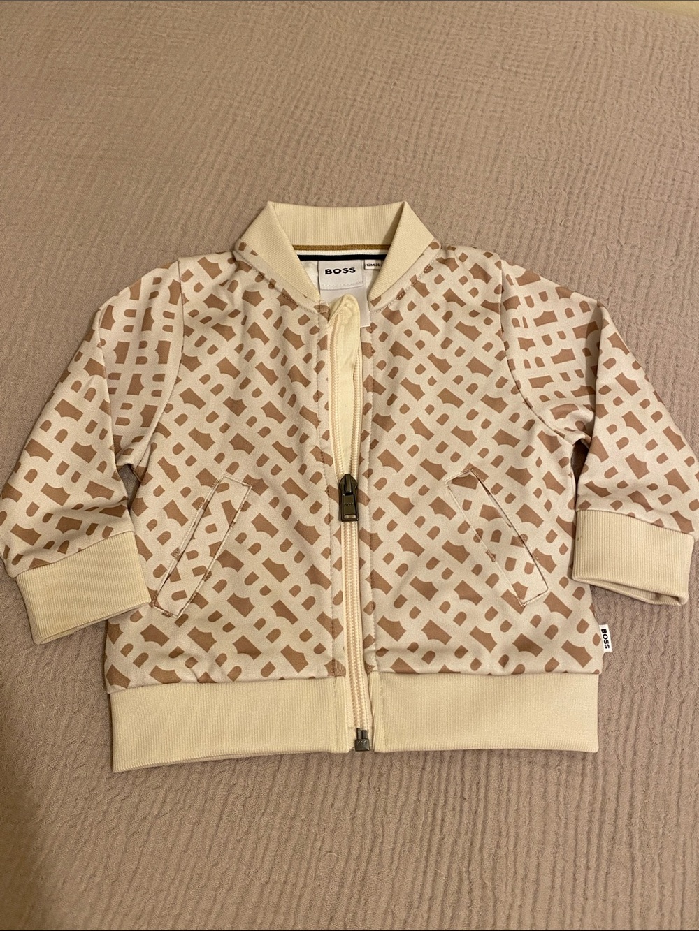 BOSS Baby Beige and Cream Logo-Pattern Bomber Jacket. Size 12